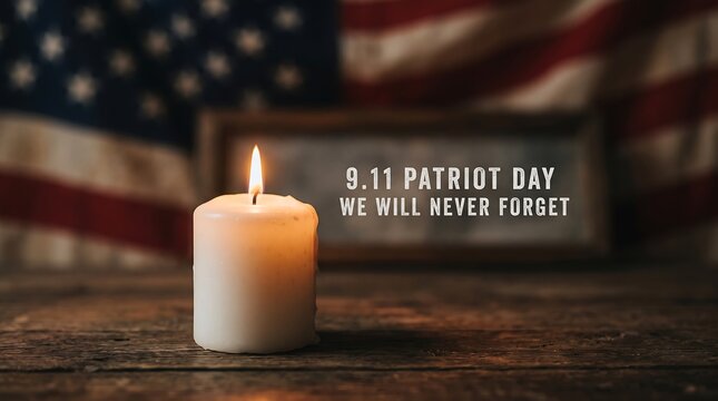 Patriot Day Memorial Candle Burning on Wooden Table with American Flag Background