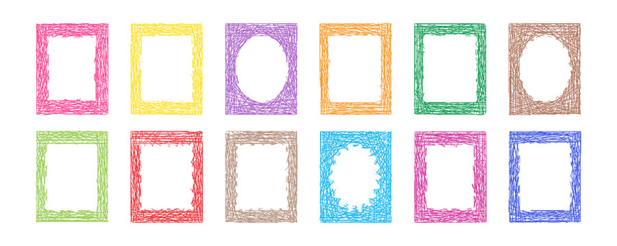 Frame crayon line icon, border shape hand drawn. Kid text box scallop, linear wiggle doodle. Retro rectangle frame brushwood texture, colorful boarder set isolated on white bg. Art vector illustration
