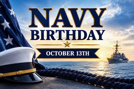 Navy Birthday October 13th military officer cap and ship at sunset