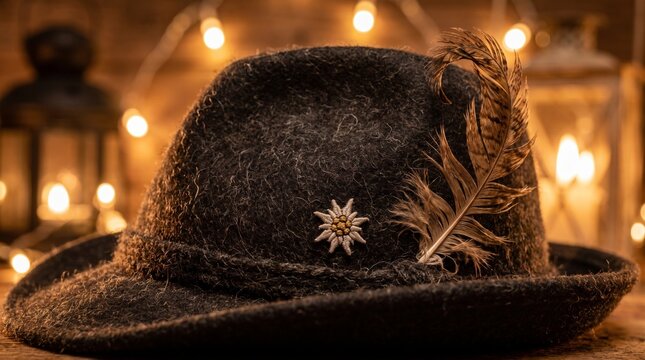 Traditional Bavarian wool felt hat with feather and edelweiss flower decoration
