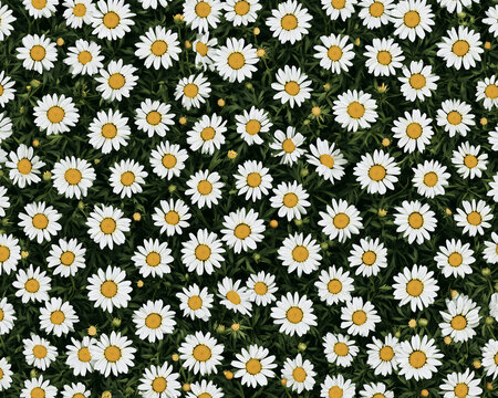 Seamless pattern of white daisies with yellow centers on a dark green background