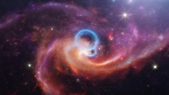 Abstract rendering of a luminous black hole swirling in a nebula with colorful gas clouds and glowing stars in deep space galaxy astronomy universe cosmic