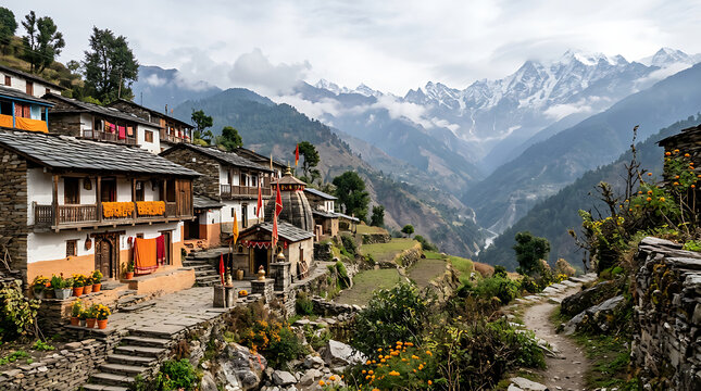 Scenic mountain village with traditional homes surrounded by lush gardens and overlooking rugged snow-capped peaks in a tranquil