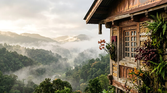 Serene mountain village with lush greenery and misty hills creating tranquil scenery