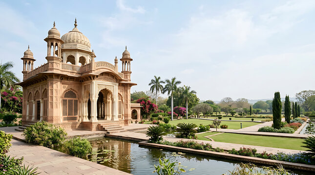 Majestic Mughal-style palace with intricate architecture and lush surrounding gardens under clear blue sky