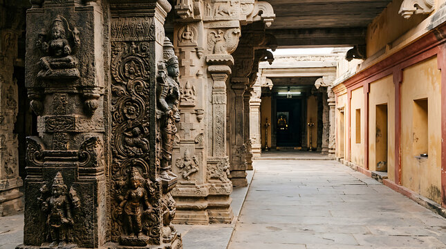 Ancient intricately carved stone temple corridor with detailed sculptures and historical architectural elements showcasing