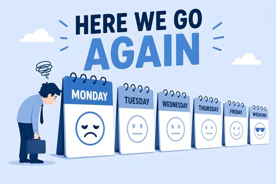 Tired person facing a long row of calendar pages with Monday highlighted, featuring a minimalist blue and white vector design with motivational typography.