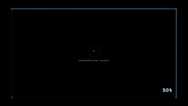A digital loading screen with a minimalist design, featuring a central synchronization icon, a progressive blue border, and a percentage counter that increases from 11% to 79% over a black background