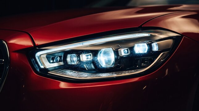 Detailed view of a contemporary car headlight featuring advanced led technology and an elegant design illuminated at night