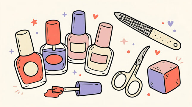 Hand drawn nail care collection with polish bottles and manicure tools