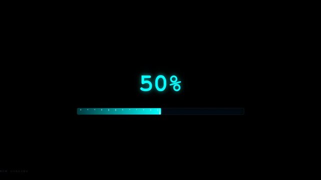 A digital loading bar progresses against a black background, with cyan neon percentages increasing from 11% to 79% in a futuristic HUD-style interface.
