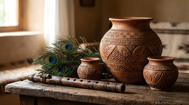 Traditional handcrafted clay pots and vibrant peacock feathers arranged on rustic wooden surface creating an earthy artistic