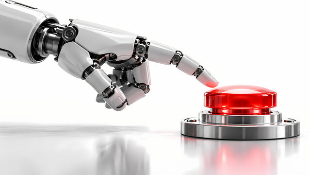 A robotic hand approaches a glowing red emergency button above a reflective metallic surface, illustrating imminent automation, critical decisions, warning, safety, compliance, and technology risk