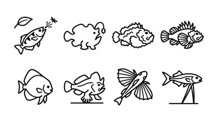Obraz premium Marine Life Collection: A playful compilation of illustrated sea creatures, featuring an anglerfish, flying fish, and various other aquatic wonders, each rendered in a simple, charming line art style.
