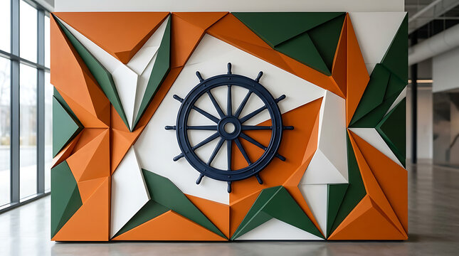 Modern geometric wall art featuring a nautical ship wheel design with vibrant orange green white accents in an industrial