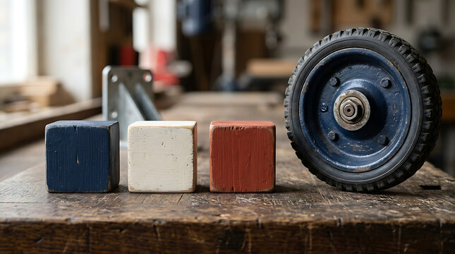 colorful wooden blocks with a rubber wheel on a rustic workbench in a woodworking shop