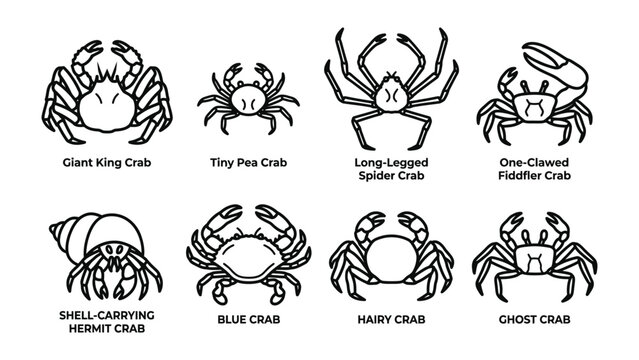 Collection of Crabs: A graphic collection showcasing eight distinct crab species, including Giant King Crab, Tiny Pea Crab, Long-Legged Spider Crab, One-Clawed Fiddler Crab.