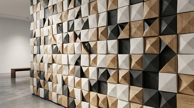 Modern geometric wooden wall art featuring three-dimensional pyramid shapes with mixed light and dark tones for contemporary