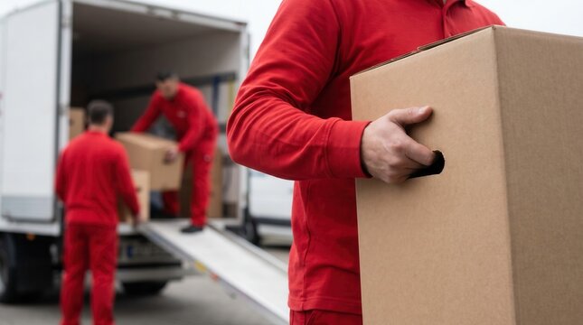 Professional movers in red uniforms carrying cardboard boxes near a delivery truck with copy space
