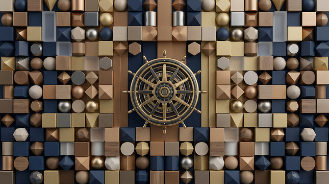 Intricate geometric wall design featuring a central brass compass element with diverse 3D shapes and textured surfaces in earthy