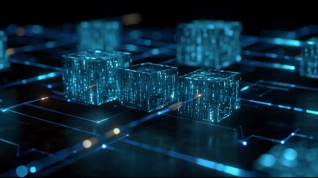 Digital glowing cubes on circuit board representing innovation