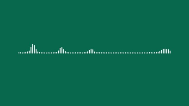 Dynamic white audio frequency waveform visualization on a solid deep green background, representing digital sound waves, music equalizer pulse, data processing, and modern multimedia interface
