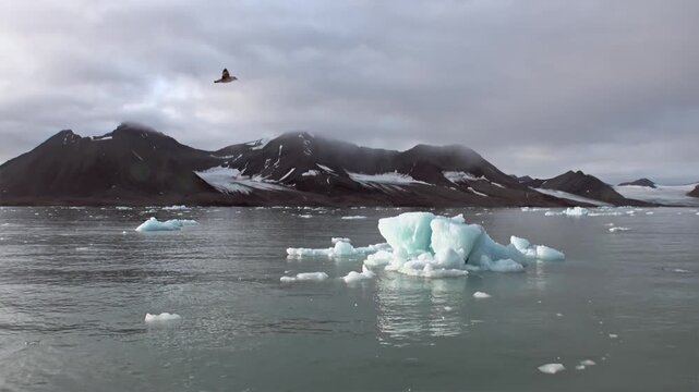 Blue Ice and Snow Covered Mountains in Cold Mountain Seascape. The composition includes turquoise ice chunk in foreground, dark mountain ridge with snow patches.
