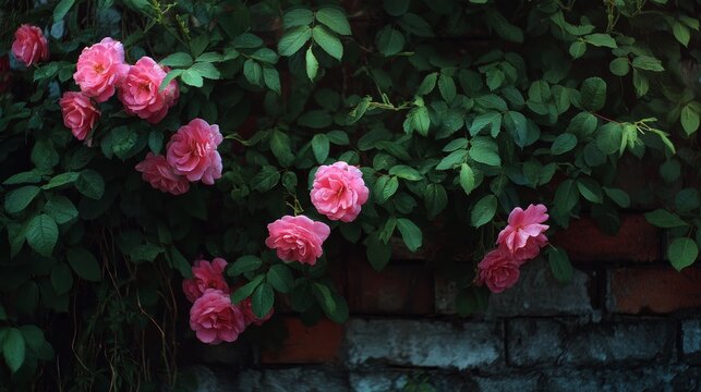 Pink roses blooming on a brick wall with lush green leaves. Garden, nature, and beauty concept.