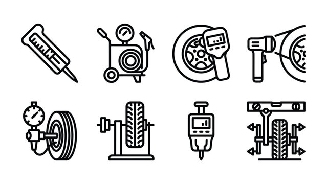 Car Tire Service Icons: A collection of clean line art icons depicting various tools and equipment used for car tire maintenance and service, including pressure gauges, alignment tools.