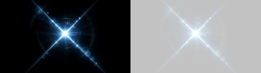 Fototapeta premium Diagonal blue lens flare with circular ring and glowing light streak. Bright anamorphic starburst effect on transparent and black background. Sci-fi lighting asset