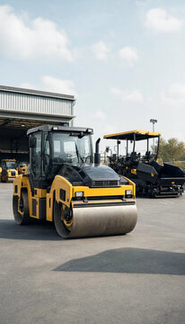 Yellow vibratory soil compactor roller parked on pavement during road construction project with construction machinery heavy equipment asphalt roller industrial vehicle construction site