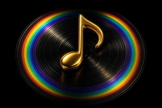 Nota musicale dorata in 3D su disco in vinile con bordo arcobaleno