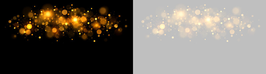 Złote rozmyte światła bokeh z błyszczącymi drobinkami i świetlistym blaskiem na przezroczystym tle, luksusowa nakładka świetlna PNG do projektów graficznych i świątecznych banerów © Sofia