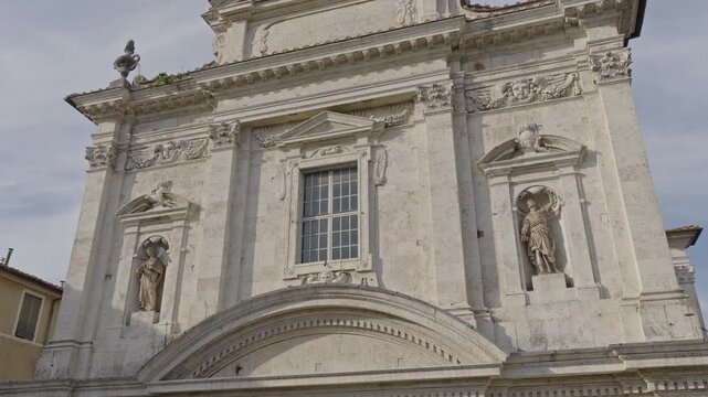 Aerial view of church facade in Province of Siena, Italy.