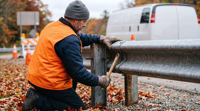 Man bolting steel guardrail into place with wrench