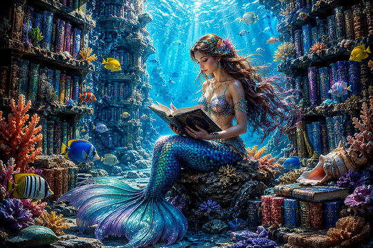 Fantasy Woman Reading Book in Magical Underwater World