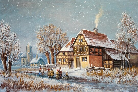 Winter village scene oil painting with children sledding near half-timbered house and church