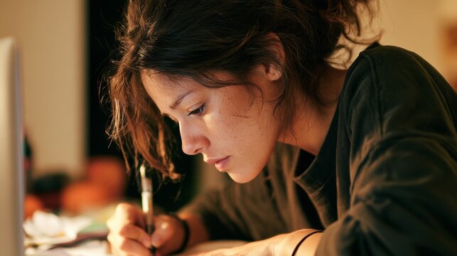 Woman Writing at Table in Low Light, Deep in Concentration