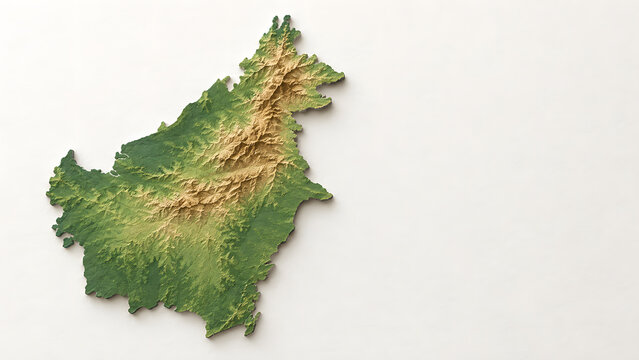 Raised paper relief map of Borneo on a clean geographic background
