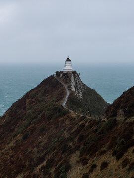 View of trails and Nugget Point Lighthouse on a cloudy day.