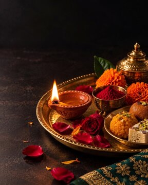 Festive Diwali thali with diya and sweets
