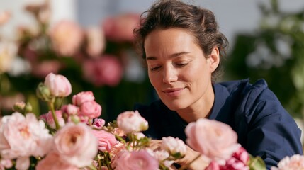 Fototapeta premium Gardener with Blossoms, Woman in Garden, Rose Bouquet