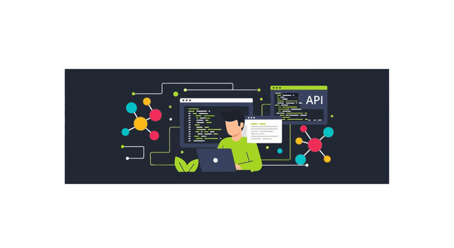 Software Developer Programming and Integrating API with Code Windows Flat Vector Illustration