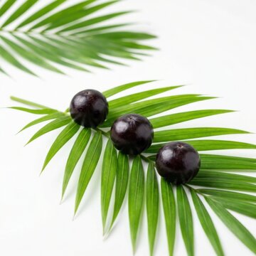 Three fresh jabuticaba fruits on a green palm leaf isolated on white background