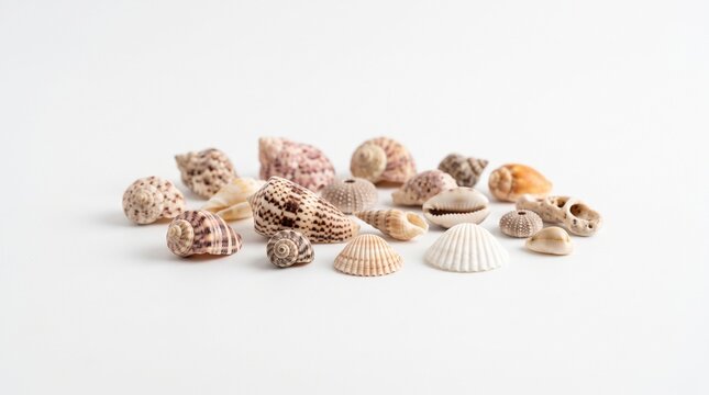 Collection of assorted seashells and sea urchin shells arranged on a clean white background