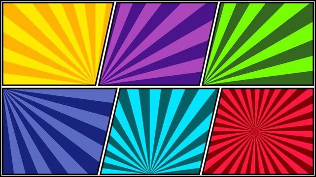 Six panels of comic book page template with colorful radial sunburst backgrounds for pop art manga design