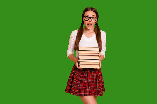 Portrait cute astonished  youth hold hand scream shout omg wow stylish trendy beautiful wonder knowledge news tails eyewear eyeglasses red skirt checked plaid beautiful isolated vivid background
