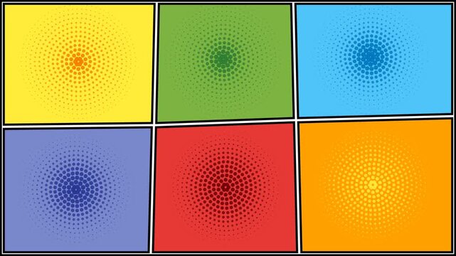 Six Empty Comic Book Panels with Halftone Pop Art Radial Backgrounds in Colorful Grid Layout