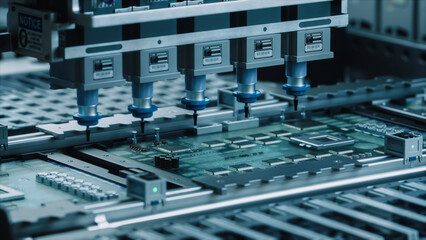 Row of Five Pick and Place Nozzles Descends Over a Green Circuit Board Populated With Microchips...