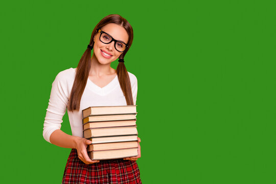 Close up photo beautiful nice lovely teen tails genius scholar library hold hand prepare exam project eyewear eyeglasses specs white pullover red skirt ponytail pigtail isolated yellow background